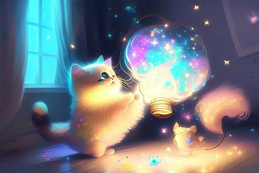 cute chibi fluffy beige bioluminescent cat playing with colorful flying stars dynamic movements next to a glowing tiffany lamp in a modern room