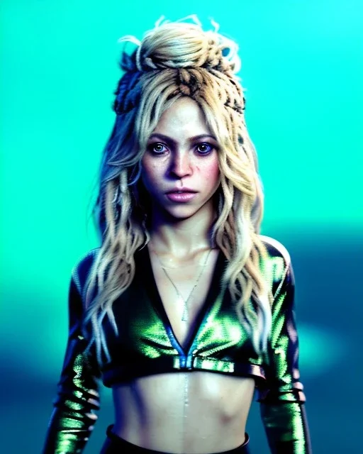 portrait, Shakira, blonde artist, angry, Realistic image, MMA robe, hoodie, mma gloves, loose long hair, eyes, make-up, gold line make up, moisture, sweat, fog, goddess, Neon colors, leds. Black background, photo studio, concept art, smooth, unreal engine 5, god lights, ray tracing, RTX, lumen lighting, ultra detail, volumetric lighting, 3d, finely drawn, high definition, 4k.