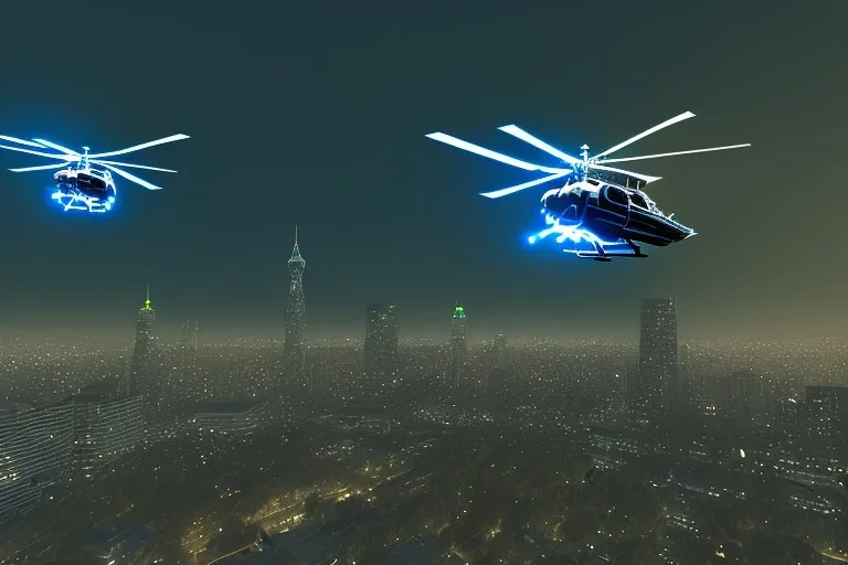 black police helicopter flying over city buildings searching for suspect, oakland, downtown, helicoper has white spotlight flashing to the ground, night time , unity, scriptable render pipeline , green emission, cinematic lighting.