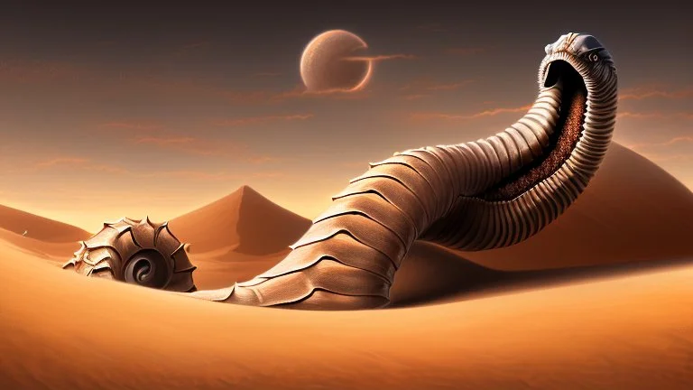 In the desert in the dunes a large sandworm full screen, concept art