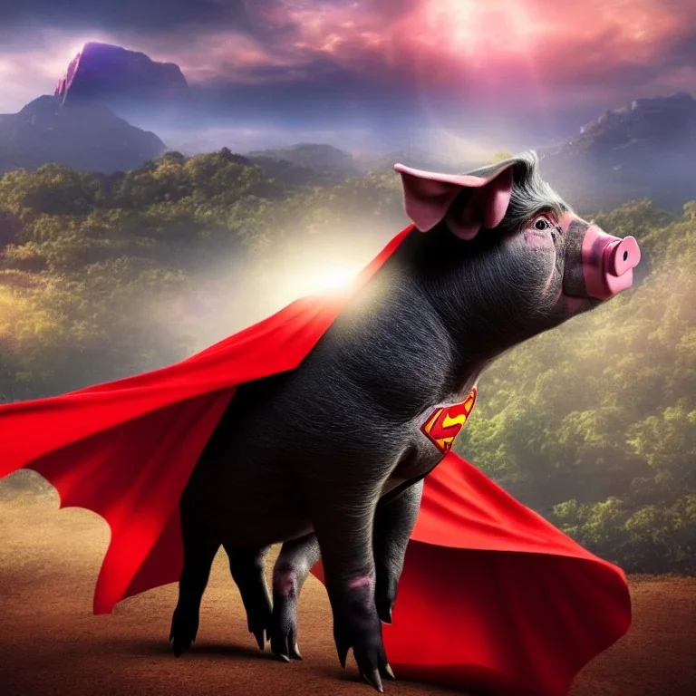 pig wearing a superman cape, blurred mountain in the background, zombies in the background, realistic, movie style