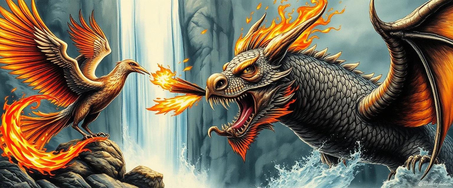 airbrush and pen outline, phoenix octopus bird witch bear dragon waterfall looks beyond really powerful slapping a bird in the face with fire, fantasy illustration, in the style of Rembrandt