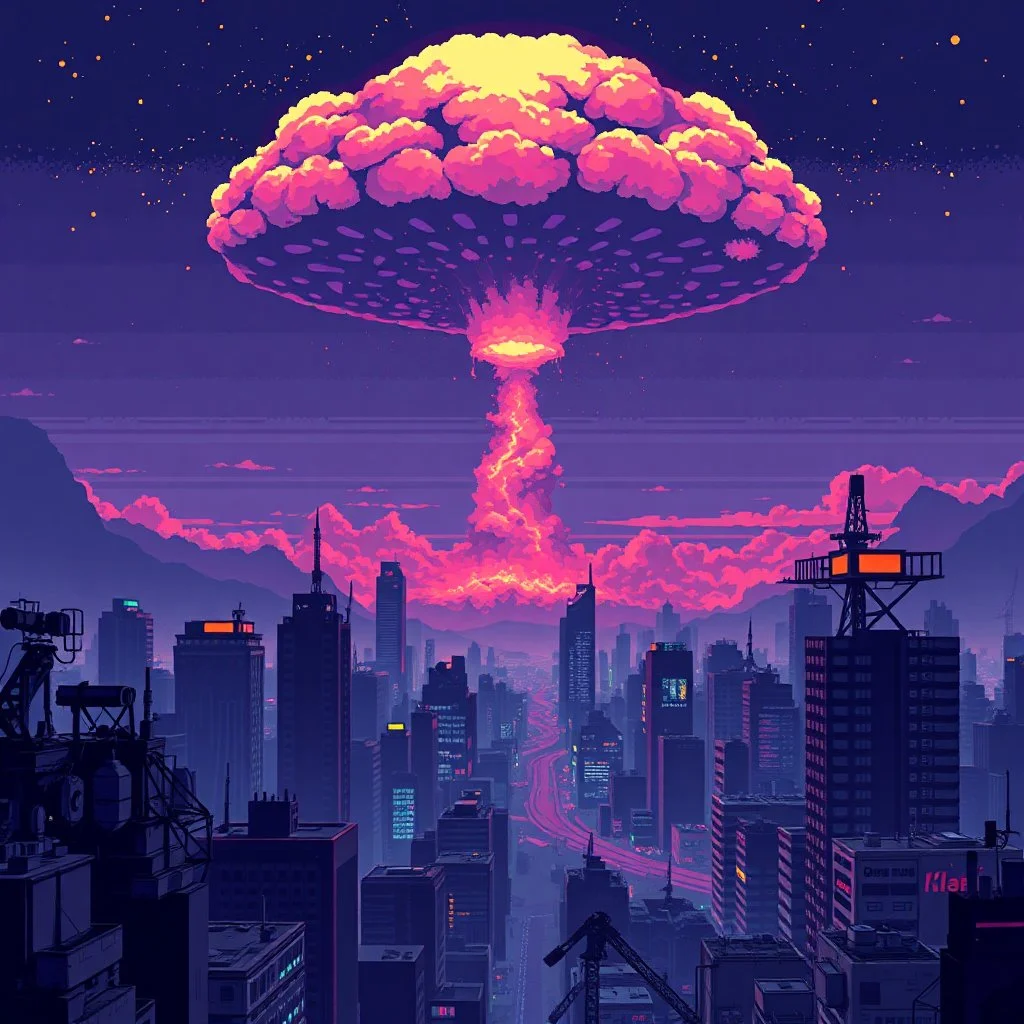 8 bit pixelart of a retro anime style, serius dark 1990s anime style, city, atomic mushroom cloud, synthwave, destroyed city