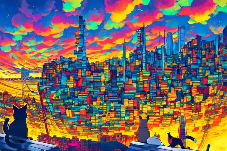 sunset, cat on the roof, city in japan, colorful