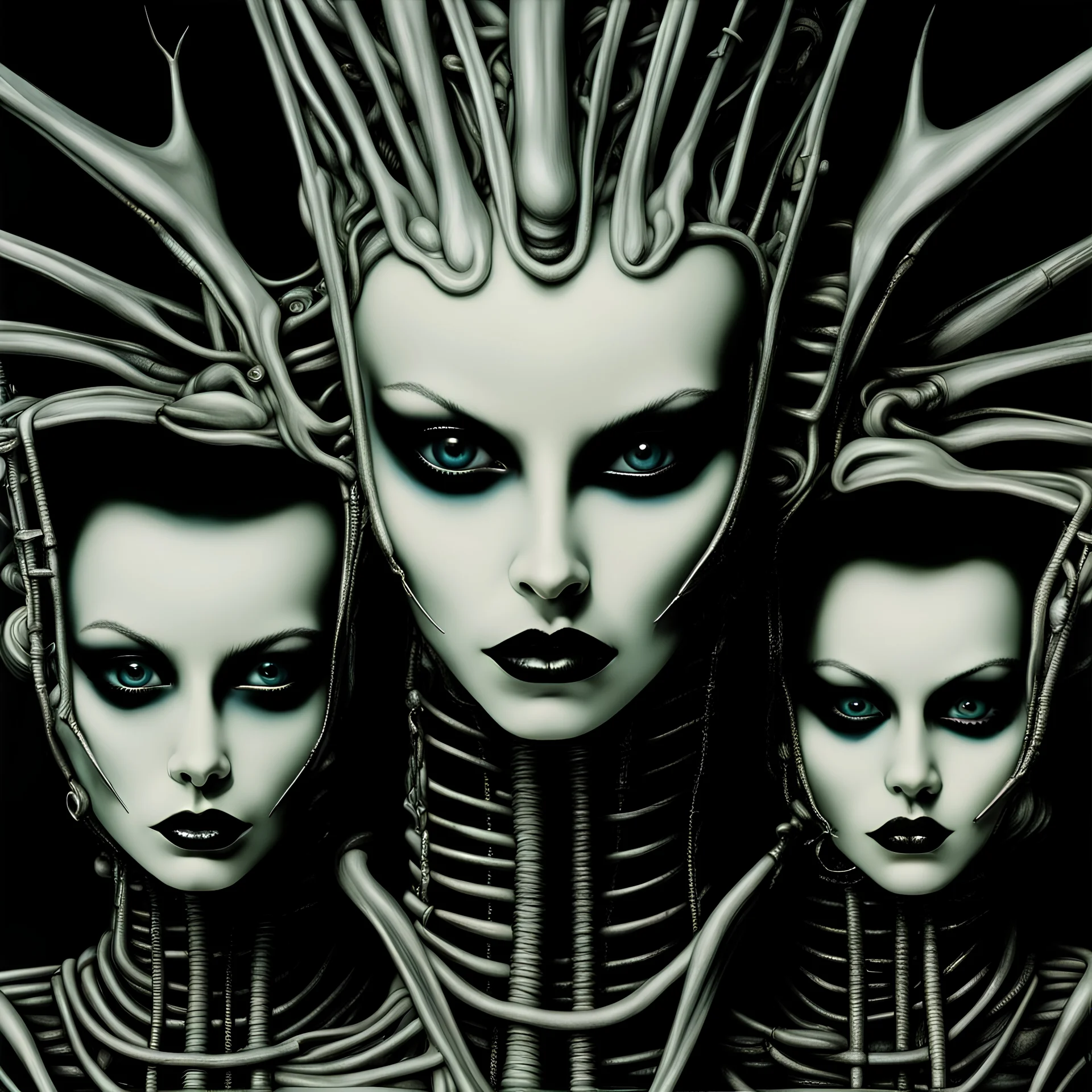 H.R. Giger biomechanical painting of ((Debbie Harry + Siouxsie Sioux)) slightly enlaced in frontal close-up view of the two women. Tubes coming out cheeks, mouths slightly open, Charged eyeliner make-ups, nake shoulders, dense blurry background, air-brush body painting - treatment horror Sci-Fi, Sinister eerie mood. Bichromatic photo - Kodak 35mm render. Alien biomechanical air-brush