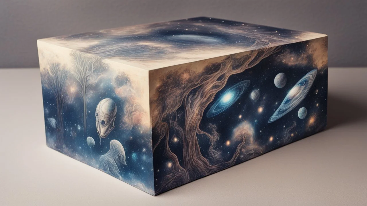 a box 10 cm long by 5 cm wide and 25 cm high, drawn on a box on all sides, space, aliens, tress and more beautiful, very realistic