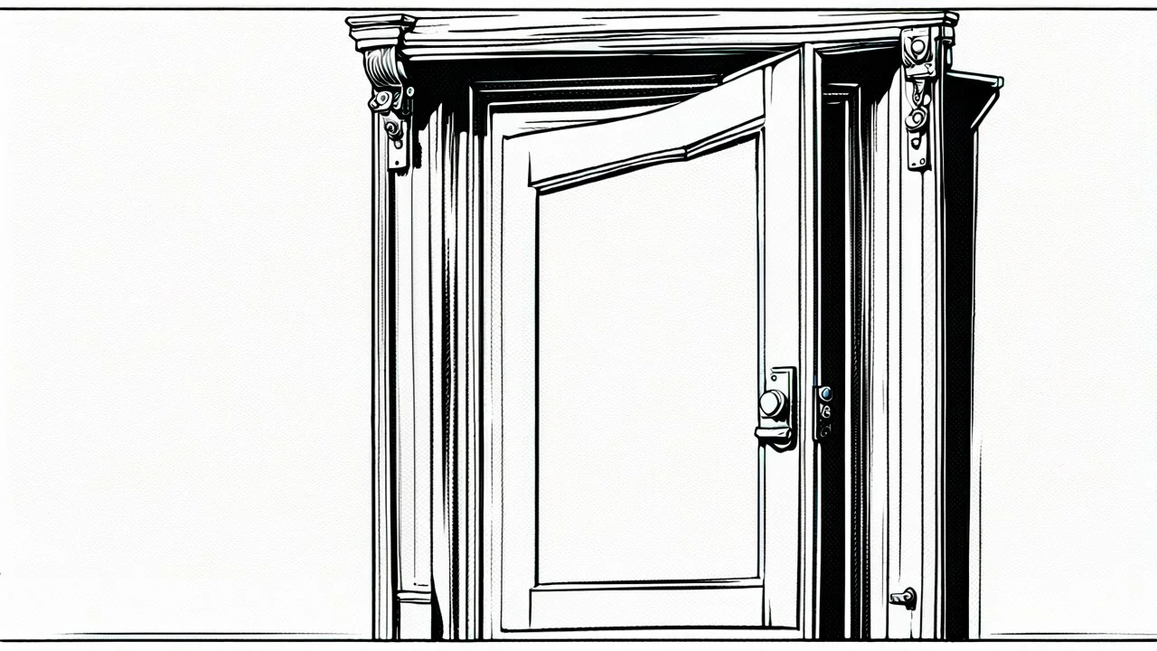 unhinged door, anime, monochrome, black background, ink, simple, maximum quality, broken hinge, barely functioning, why is it still being used it's a health hazard, centered on frame, far