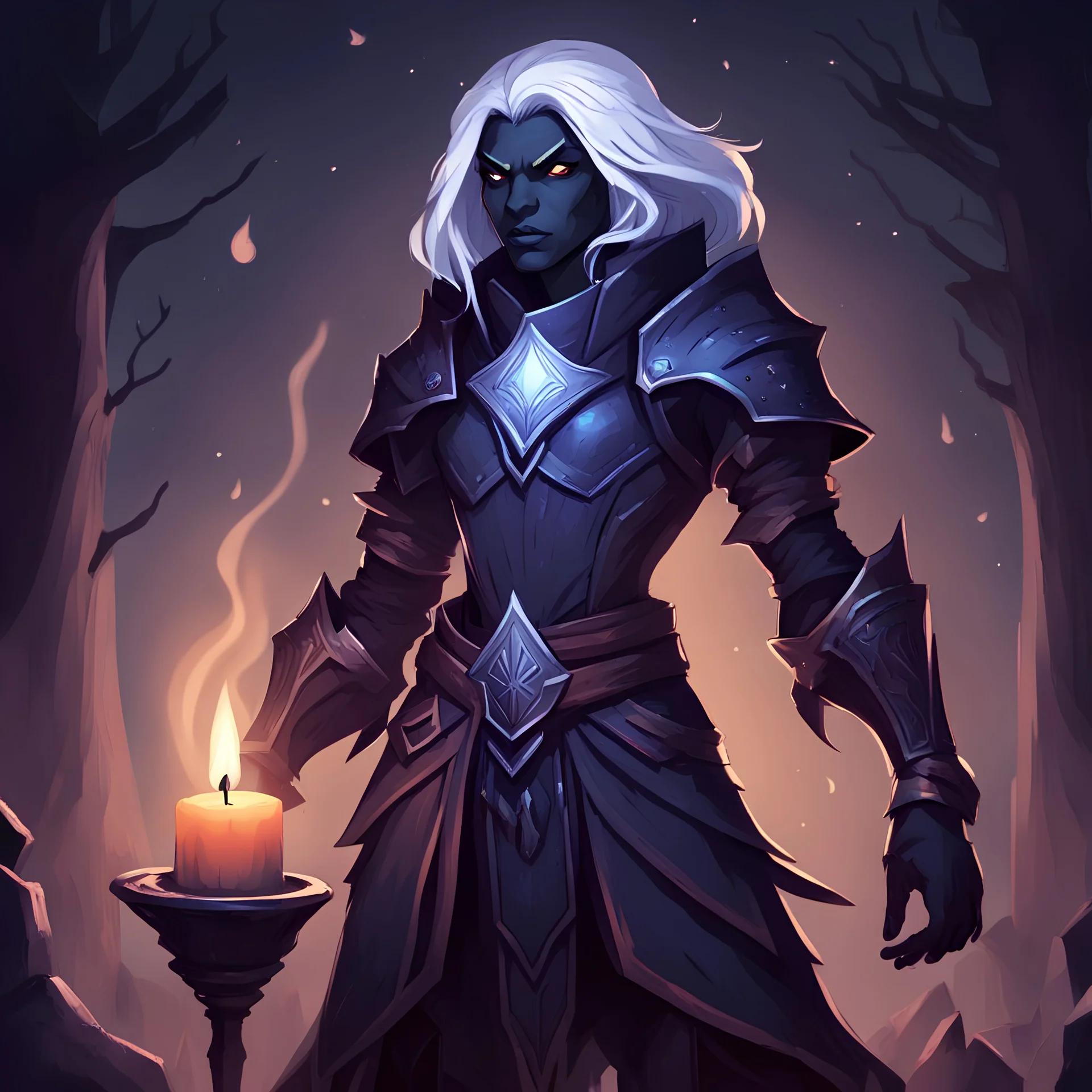 A Drow in Battlemage Scout Captain armor standing in candle light in the darkest of nights, in cartoon art style