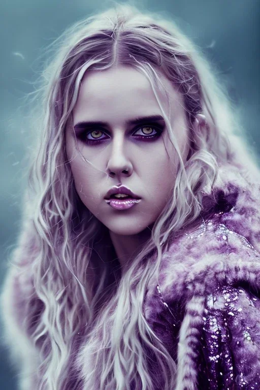 Danish singer MØ face, style viking, high light ,purple tones