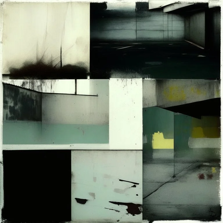 Minimal abstract oil paintings desolate 1960s carpark concrete fragments. style of Justin Mortimer and Francis Bacon.