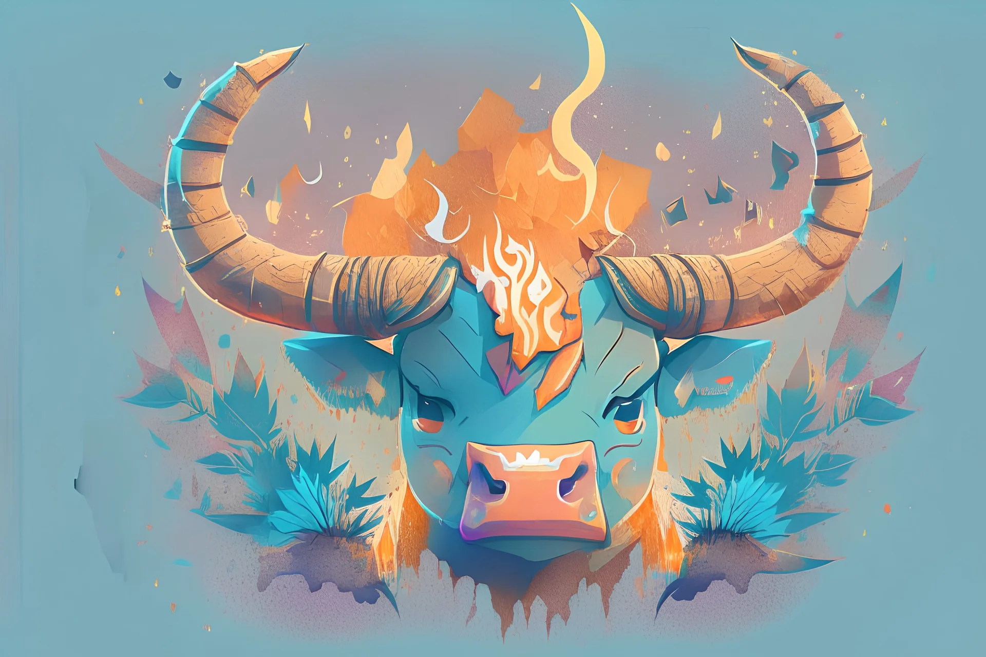 A detailed illustration face of a ninja LONGHORN CATTLE, fire, t-shirt design, herbs splash, t-shirt design, in the style of Studio Ghibli, pastel tetradic colors, 3D vector art, cute and quirky, fantasy art, watercolor effect, bokeh, Adobe Illustrator, hand-drawn, digital painting, low-poly, soft lighting, bird's-eye view, isometric style, retro aesthetic, focused on the character, 4K resolution, photorealistic rendering, using Cinema 4D, purple, blue, magenta
