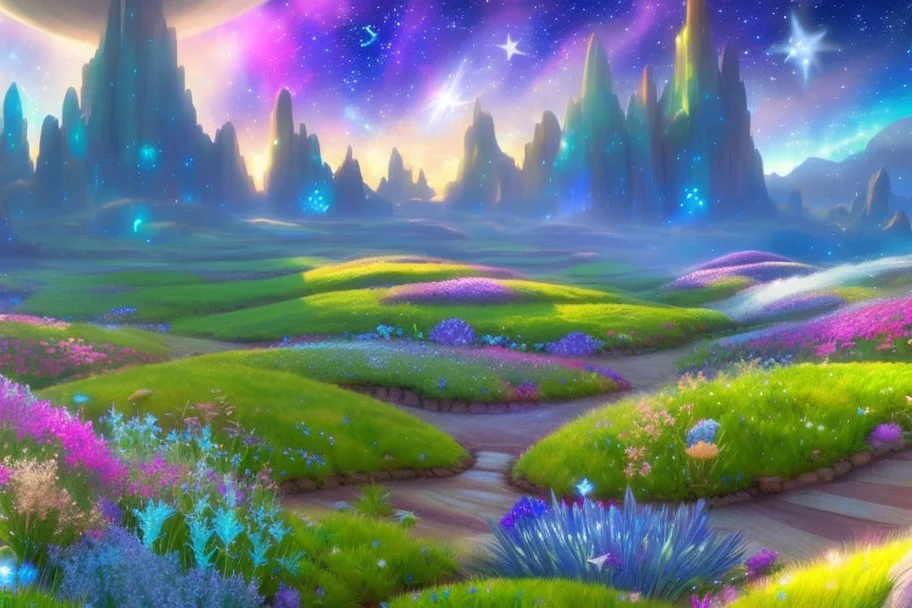 fairy and cosmic landscape with blue grass, magic plants, sky with light and stars