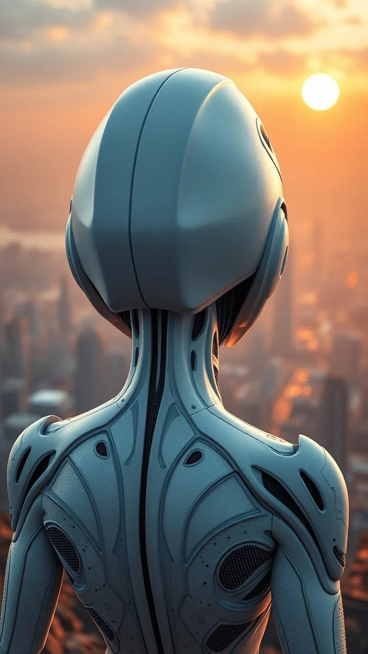 Photoreal Gorgeous godlike white alien cyborg rear view looking over a futuristic distraction of a city on the horizon in mystical haze at golden hour , otherworldly creature, in the style of fantasy movies, photorealistic, bokeh masterpiece smooth shading, ultra detailed, high resolution, cinematic, unreal 6, subtle shadows, octane render, 8k, cinema 4d, HDR, dust effect, vivid colors