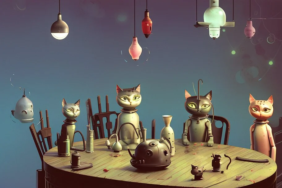 Happy cats sitting on a table :: industrial robotic cats, characters from machinarium pictoplasma, assemblage of naive art and les automatistes, by Alexander Jansson and Leo Lionni, a storybook illustration of a surrealist cat sculptures, cgsociety and behance contest winner