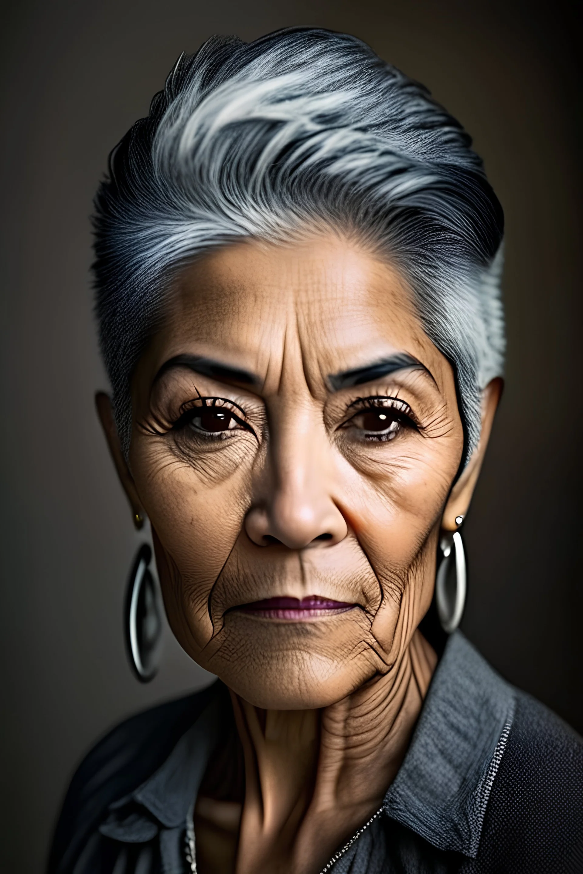 you are an expert photographer with 30 years of experience. You have been asked to photograph a 50 year old Latina woman. She has grey hair that is closely cut to her skull - a little longer than a buzz cut. She is female but identifies with masculine pronouns.