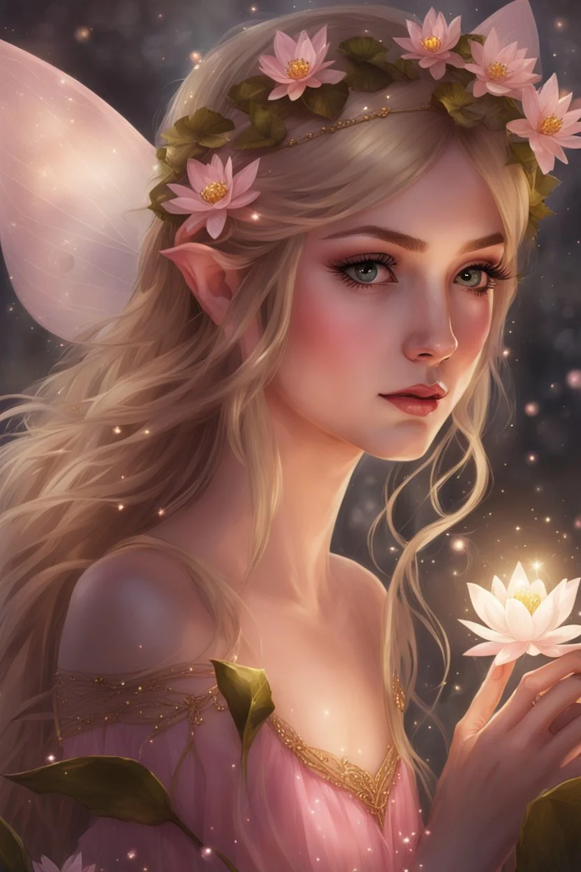 Pointed elven ears,Blonde hair ,Pink dress,Sparkling fairy wings,Very long golden hair,Fairy crown,pointed ears,elven ears,fairy wings,water lilies,sparkling,glittering,flowers,blossoms,golden crown,light pink dress