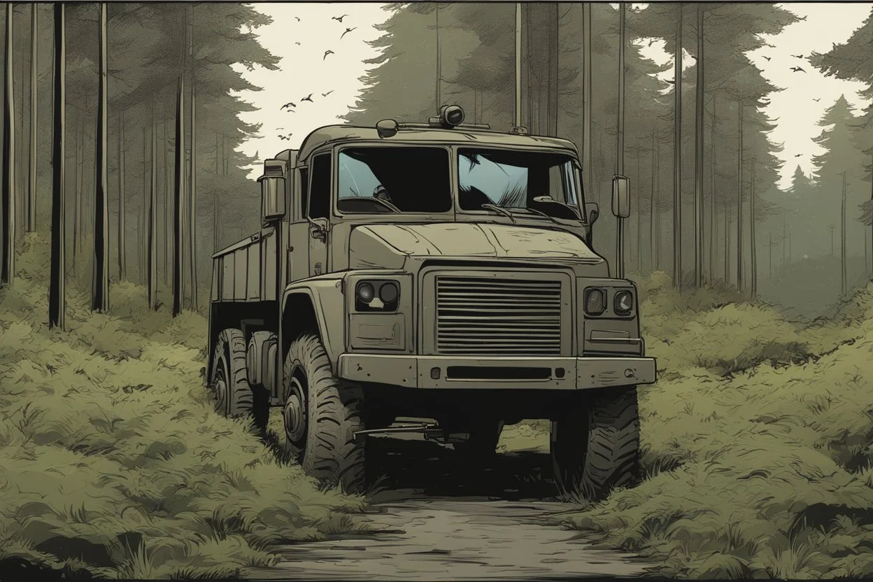 Military truck on a road, forest, overgrown apocalyptic, comic book,