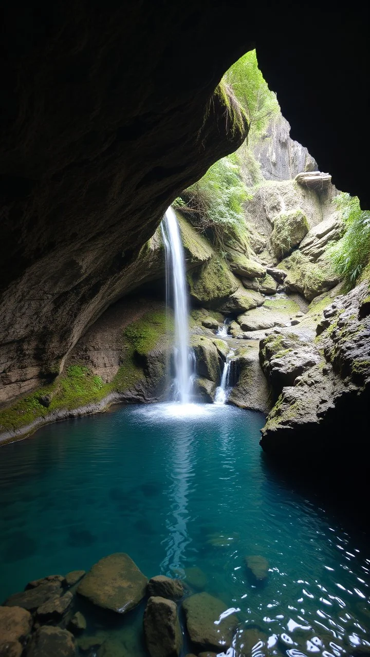 an underground water lake and small waterfalls