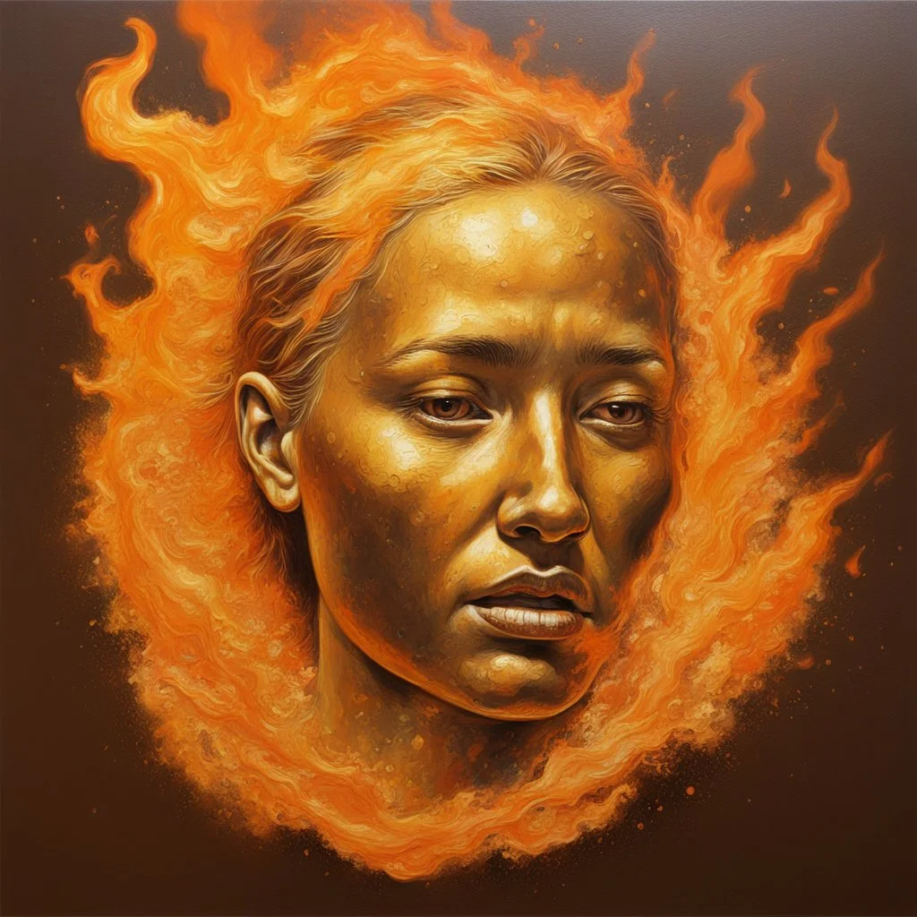 Hyper Realistic Golden-oil-paint on orange-background with burning-embers on it