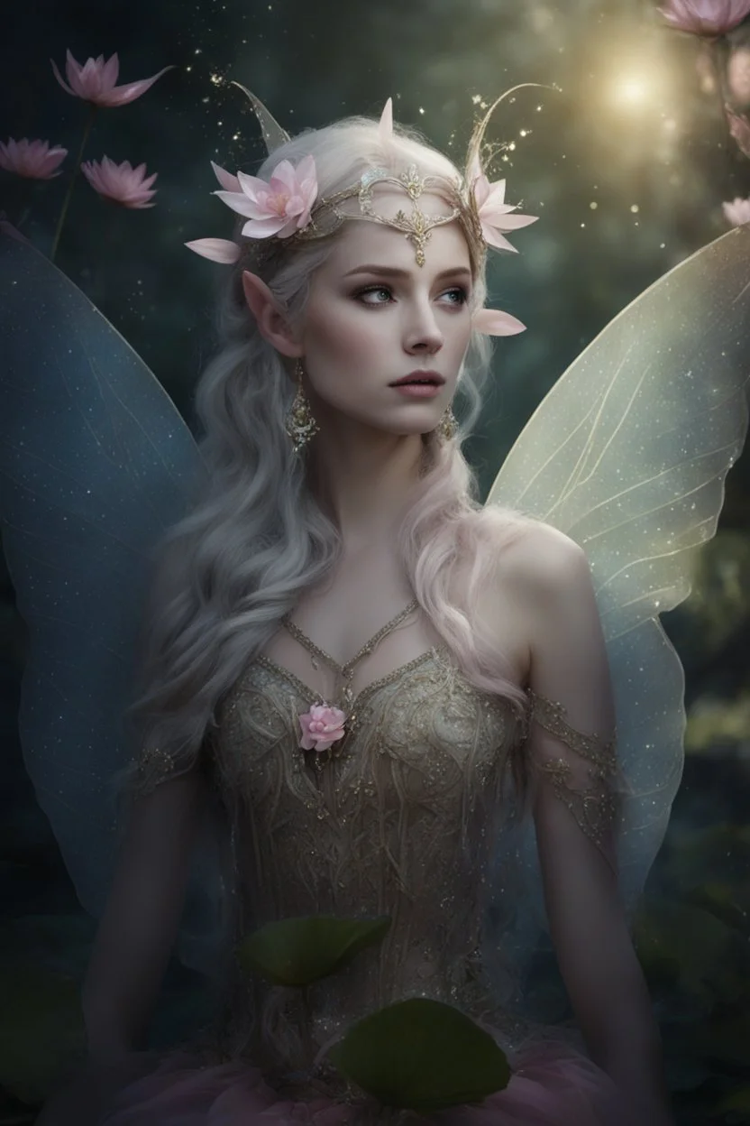 Pink dress,Sparkling fairy wings,Very long golden hair,Fairy crown,pointed ears,elven ears,fairy wings,water lilies,sparkling,glittering,flowers,blossoms,golden crown,light pink dress