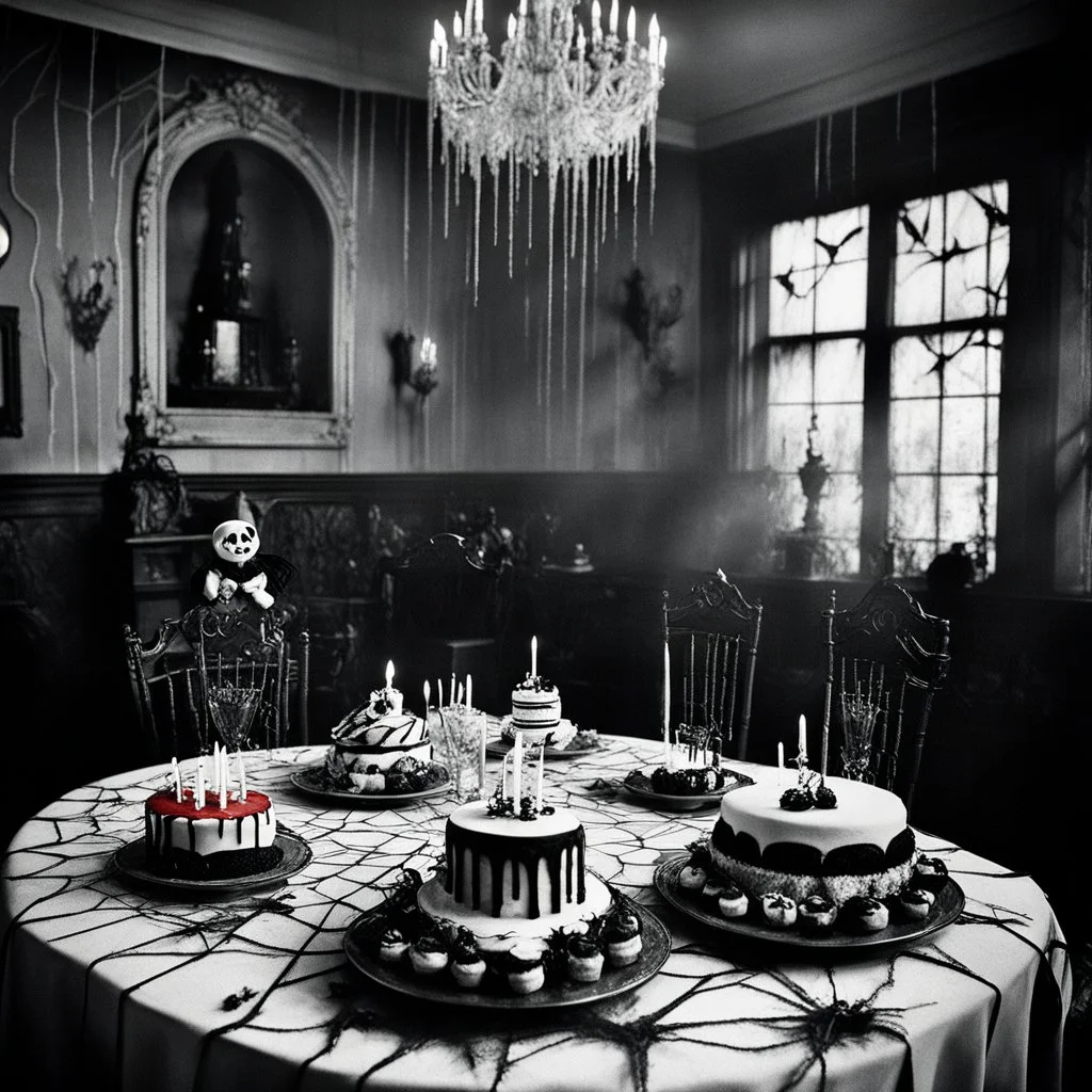 [a vintage-style image with noisy scratches and glitches, capturing the essence of an eerie scene] a Spooky Birthday Party unlike any other, hosted by Pugsley Addams himself. Within the eerie halls of the Addams Family mansion, haunted cakes with spiderweb frosting and ghostly party games that defy the laws of the living await the guests. The decorations, adorned with cobwebs and flickering candles, cast a spectral glow over the festivities. As the peculiar guests mingle in the shadows, Pugsley