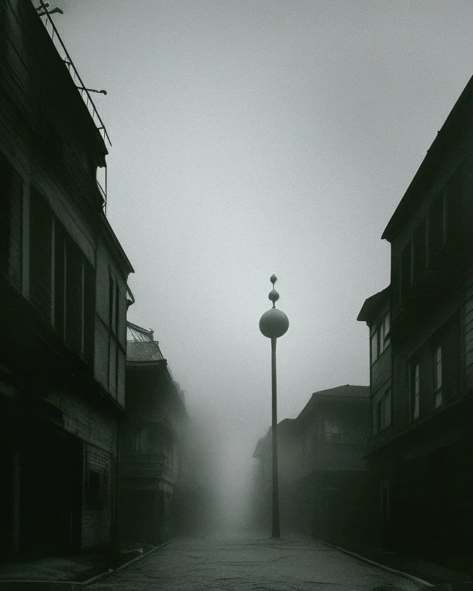 Dark street creepy fog colours strong texture nightmare 8k artistic Photography volumetric light, Yves Tanguy Max Ernst