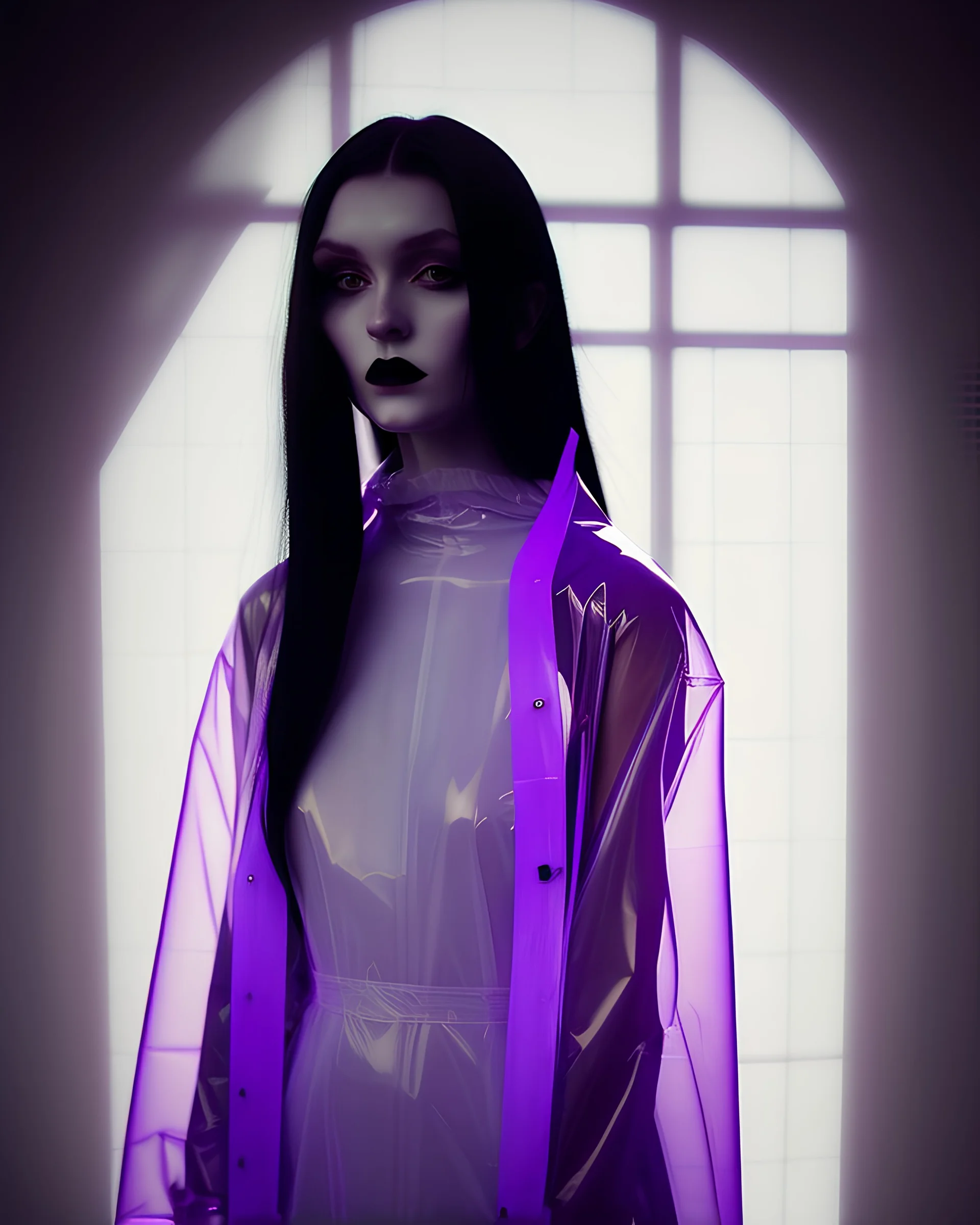 Picture by koson ohara and marta bevacqua, portrait of a beautiful goth woman with long black hair, wearing a plastic raincoat, purple neon lighting, 8k, high quality, highly detailed