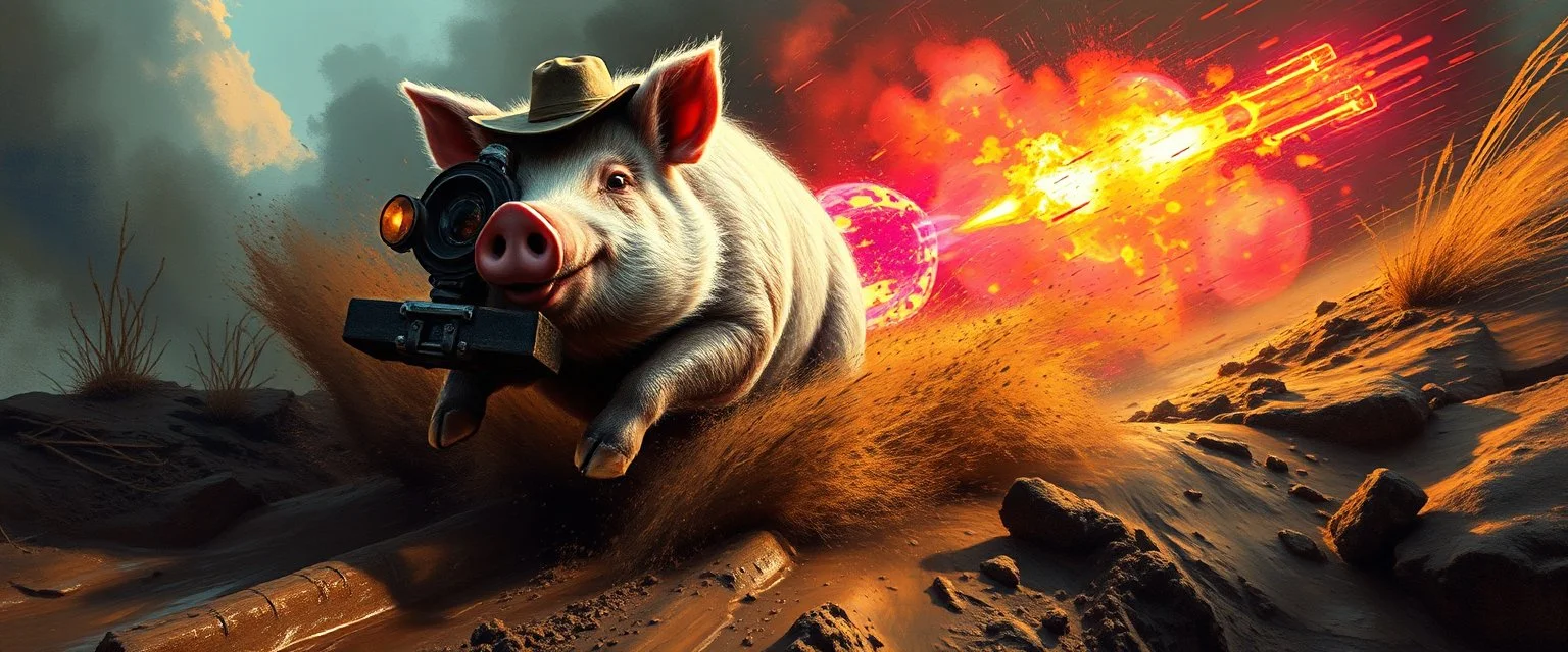 mega blasting fast, so freaking fast, faster than a greased muscle shiny cowboy disco funk fusion fluffy pig on a runaway mud train jumping over the cliff . speed and energy, painted by Rembrandt and fallout 4, straight down a muddy slide, goa trance poster