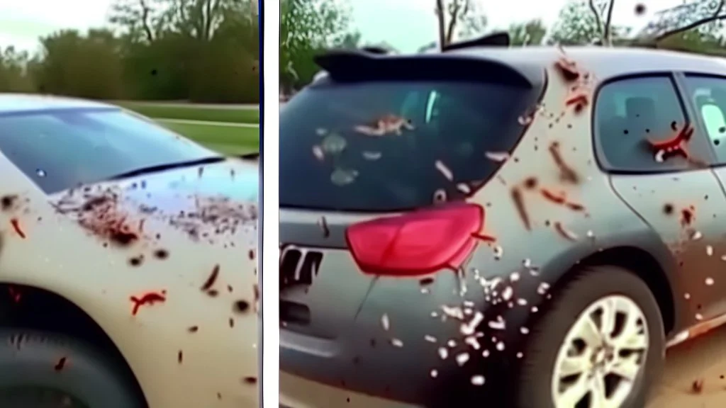 guy upset with filthy car with dead bugs splattered on it