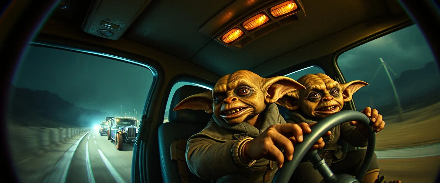 pin hole cam, master oil painting by Rembrandt superrealistic fallout 4,When somebody listens to everything you say but still is an asshole testicle goblins. hodenkobolds on the run, in fast lorry, motion blur, dimensional gate, hill billy mafia drunks