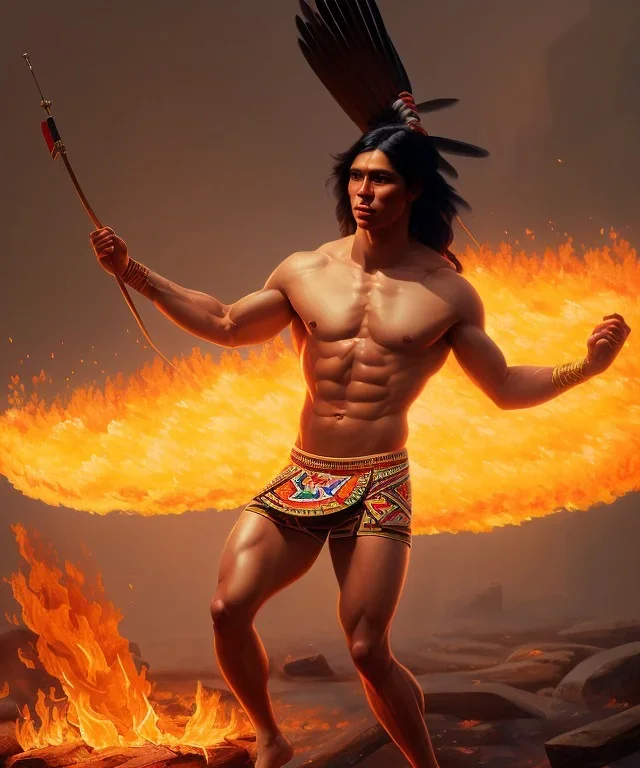 native american warrior, long black hair, dancing on top of fire, big muscles, loincloth, shirtless, 8k resolution concept art portrait by Greg Rutkowski