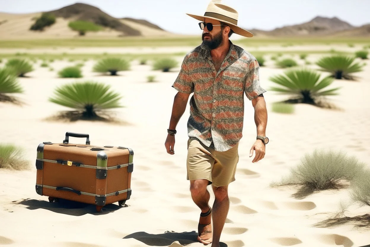 man on holiday, suitcases, explorer hat, Hawaiian shirt and shorts and sandals, in the desert, warm style