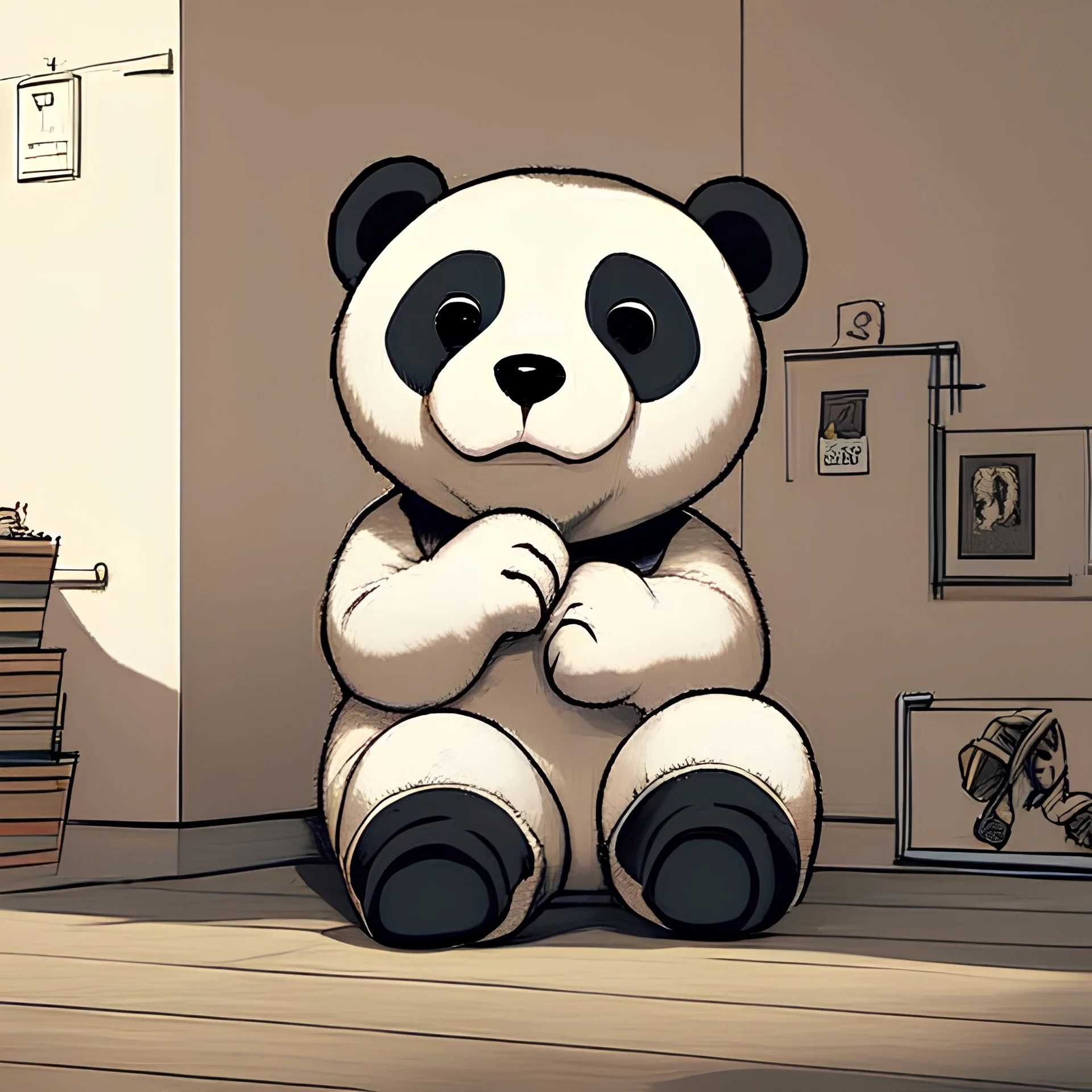 child panda sits inside the lotos, draw it in 2D cartoon anime style with lineart and light shadows
