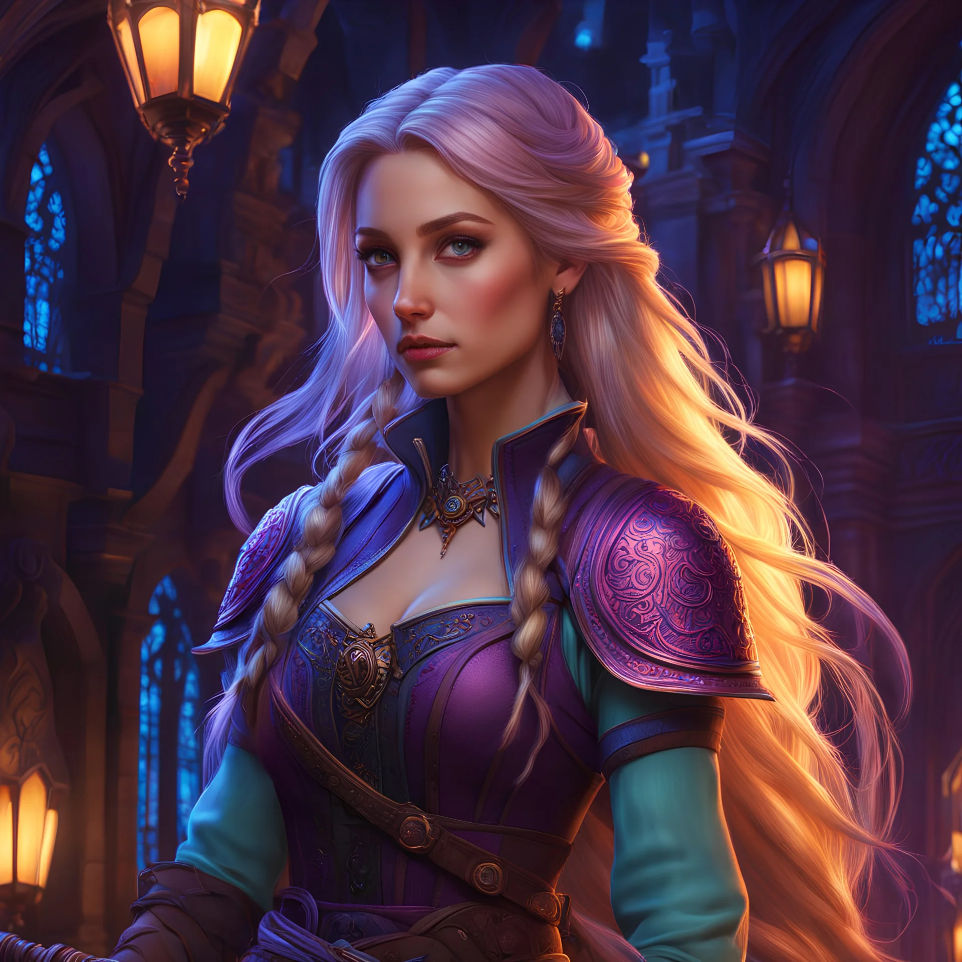 Rapunzel assassin,colorful8k resolution concept art, Greg Rutkowski,SIXMOREVODKA, pastel color, Nighttime Lighting, digital illustration, 4K, Hyperdetailed, Intricate Details, 3D shading, Art of Illusion