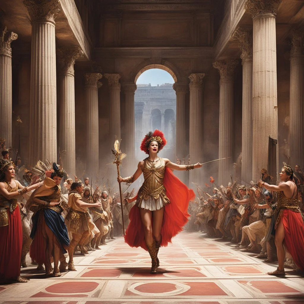 In ancient Rome, a Roman celebration unfolds in a grand hall, where gladiatrix, dancers, animals, and a clown come together in a wild celebration. The air is thick with the scent of exotic perfumes and the sounds of laughter and music fill the space.