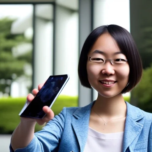 A short haired, Japanese female software engineer from Stanford taking a selfie in front of Building 92 at Microsoft in Redmond, Washington