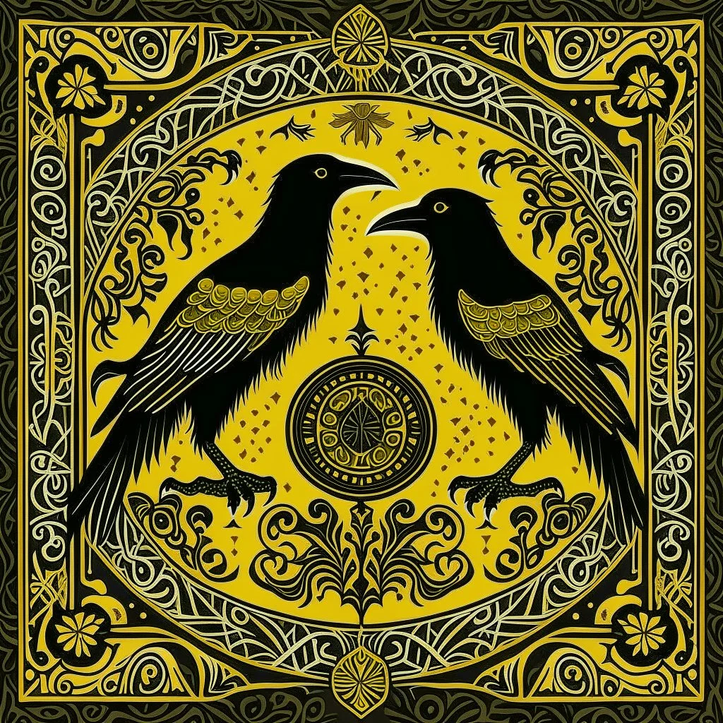 European pagan art with nature and runes and ravens