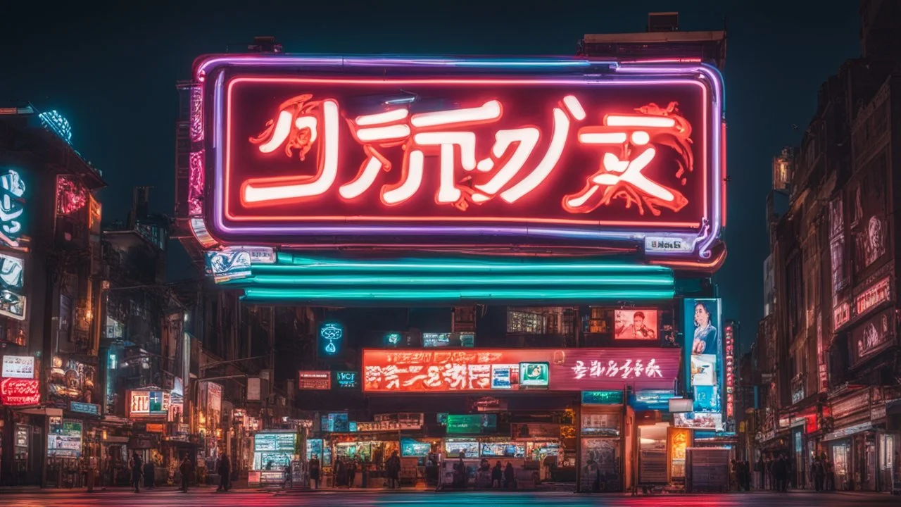 a billboard branded writing latin Odk Tokusentai with neon light, in the city center, at night.