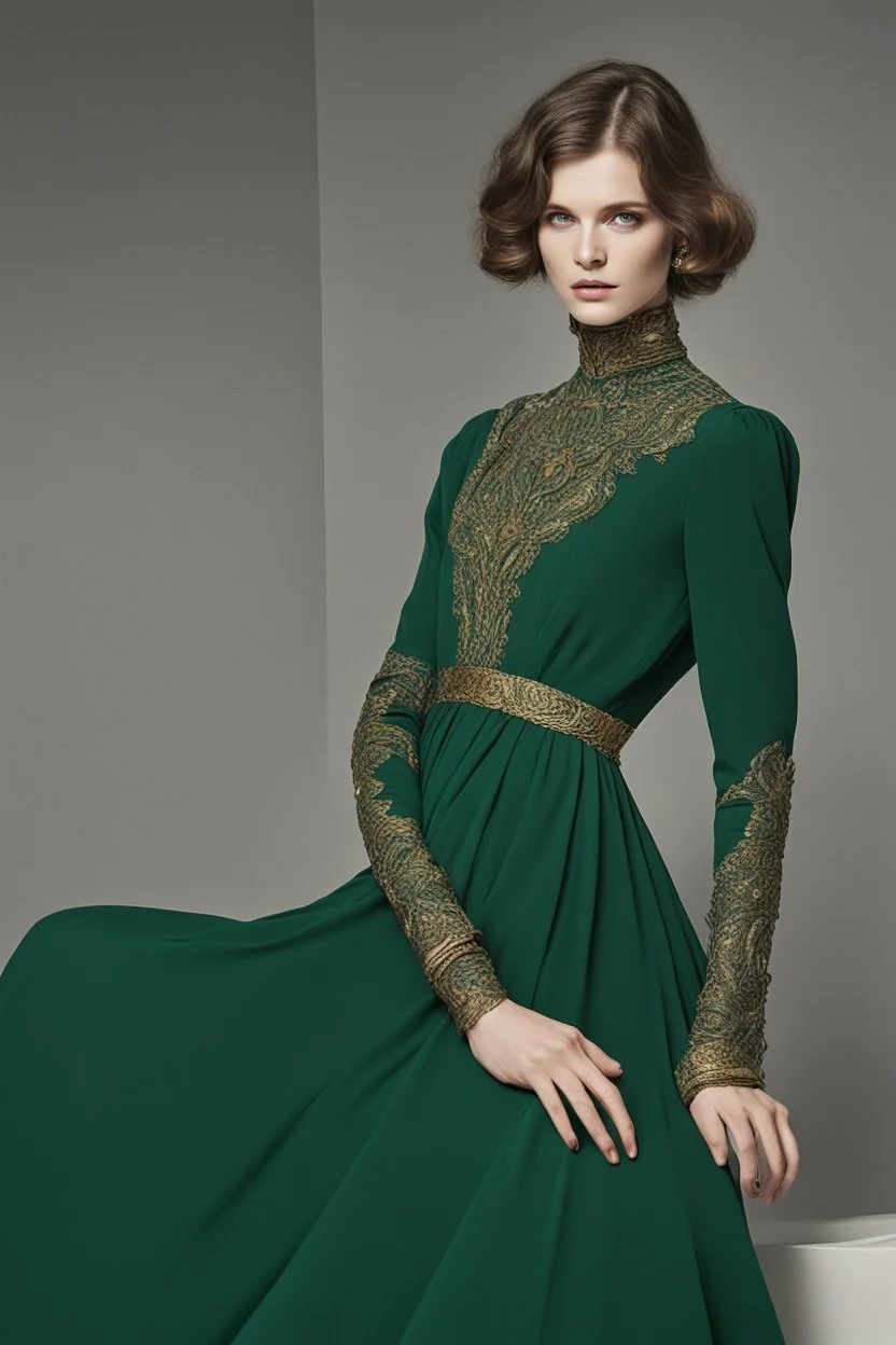 A long, flowing dress in a deep emerald green. The dress would have a high neckline, fitted bodice, and A-line skirt. The sleeves would be sheer and billowy, with delicate embroidery at the cuffs. The dress would be belted at the waist with a gold metallic belt.