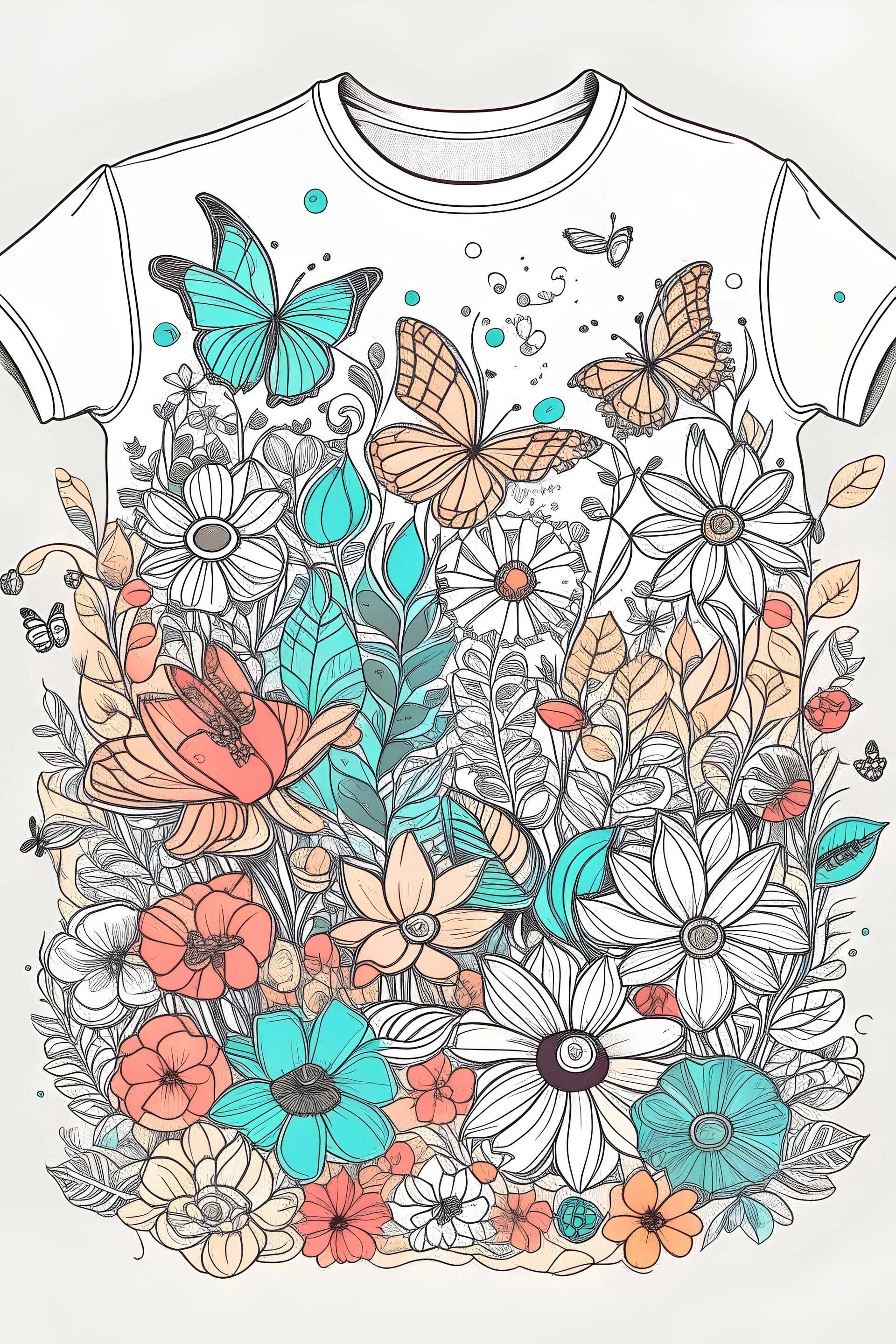 draw line art featuring various spring elements like flowers, leaves, and butterflies, forming a captivating for a stylish long t-shirt.