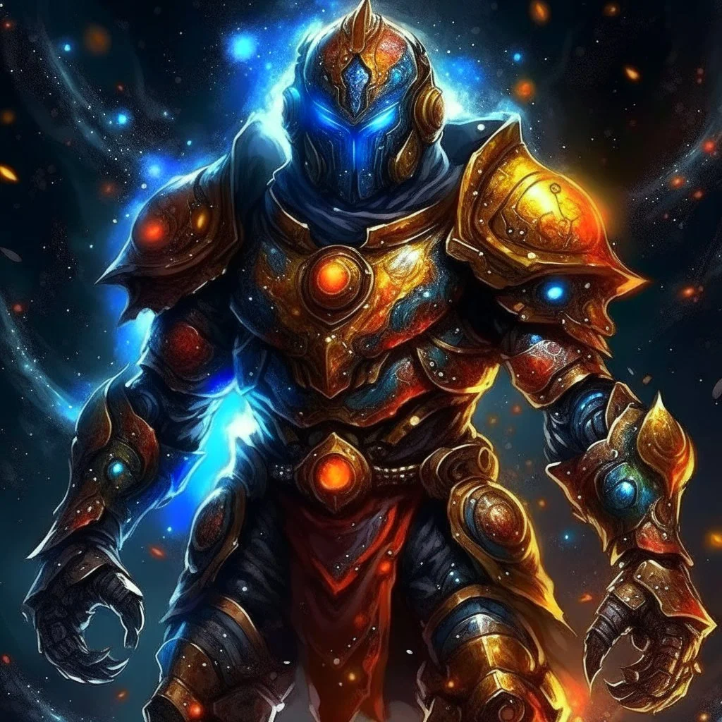 A battle suit made of galaxies and stars with a glove that has seven endless stones Battle armor from the extract of galaxies Battle armor from the extract of galaxies with a fiery sword ,God-like man with infinite power who owns the galaxies and wears a beautiful crown