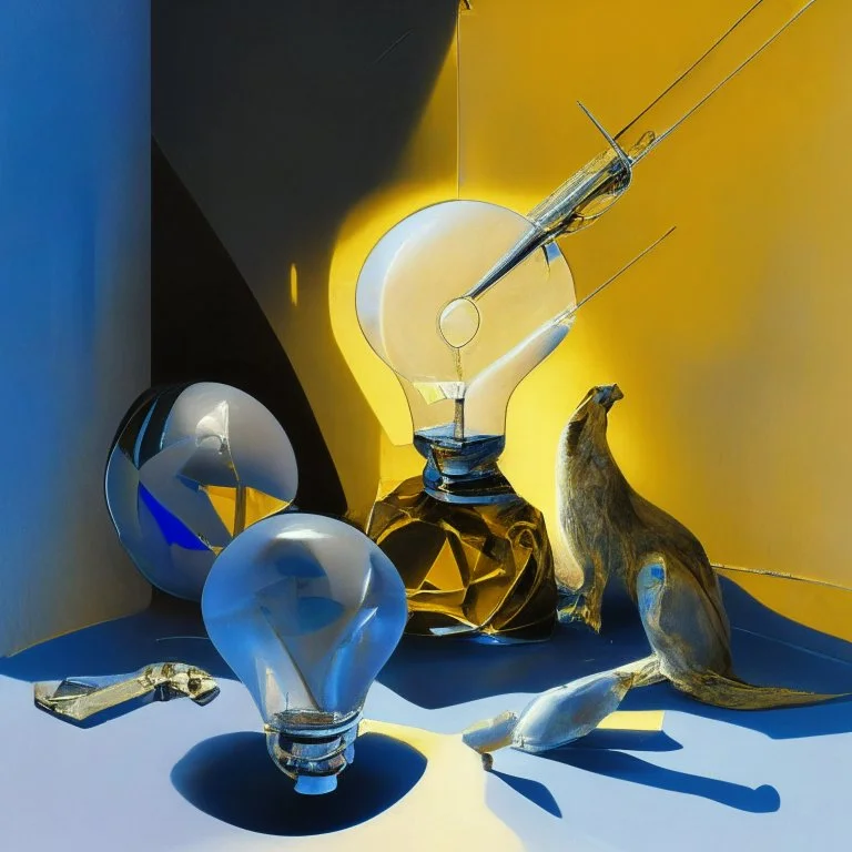 Abstract painting formed by a mix of human flesh-like surgical instruments and universe-like neuralink, a cat looking at a pigeon inside a huge bulb between light and shadow at dusk,surrealism,minimalism,Painting By Adrian Ghenie, Rene Magritte, Salvador Dali, Lucian Freud