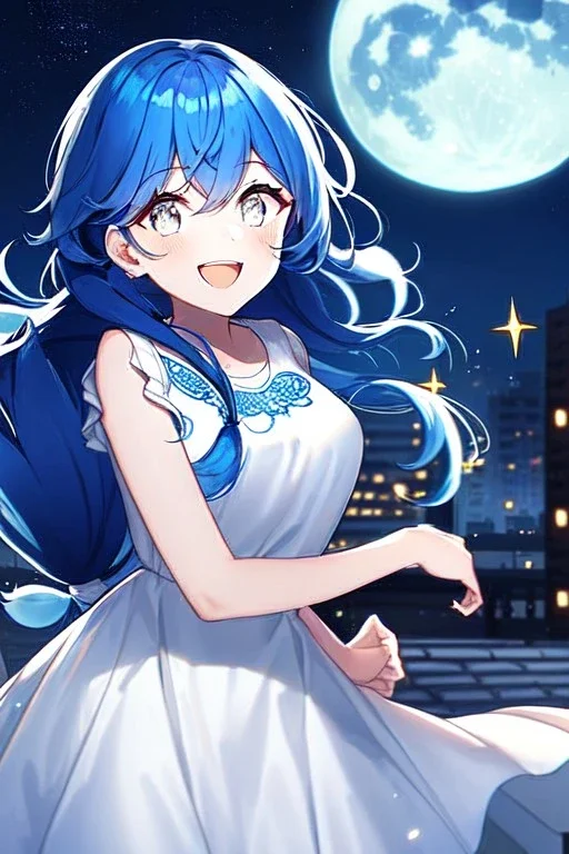 girl, masterpiece, best quality, cinematic lighting, detailed outfit, vibrant colors, perfect eyes, blue hair, long hair, white eyes, low tied hair, messy hair, white dress, night sky, town, sparkle, laughing, moon,