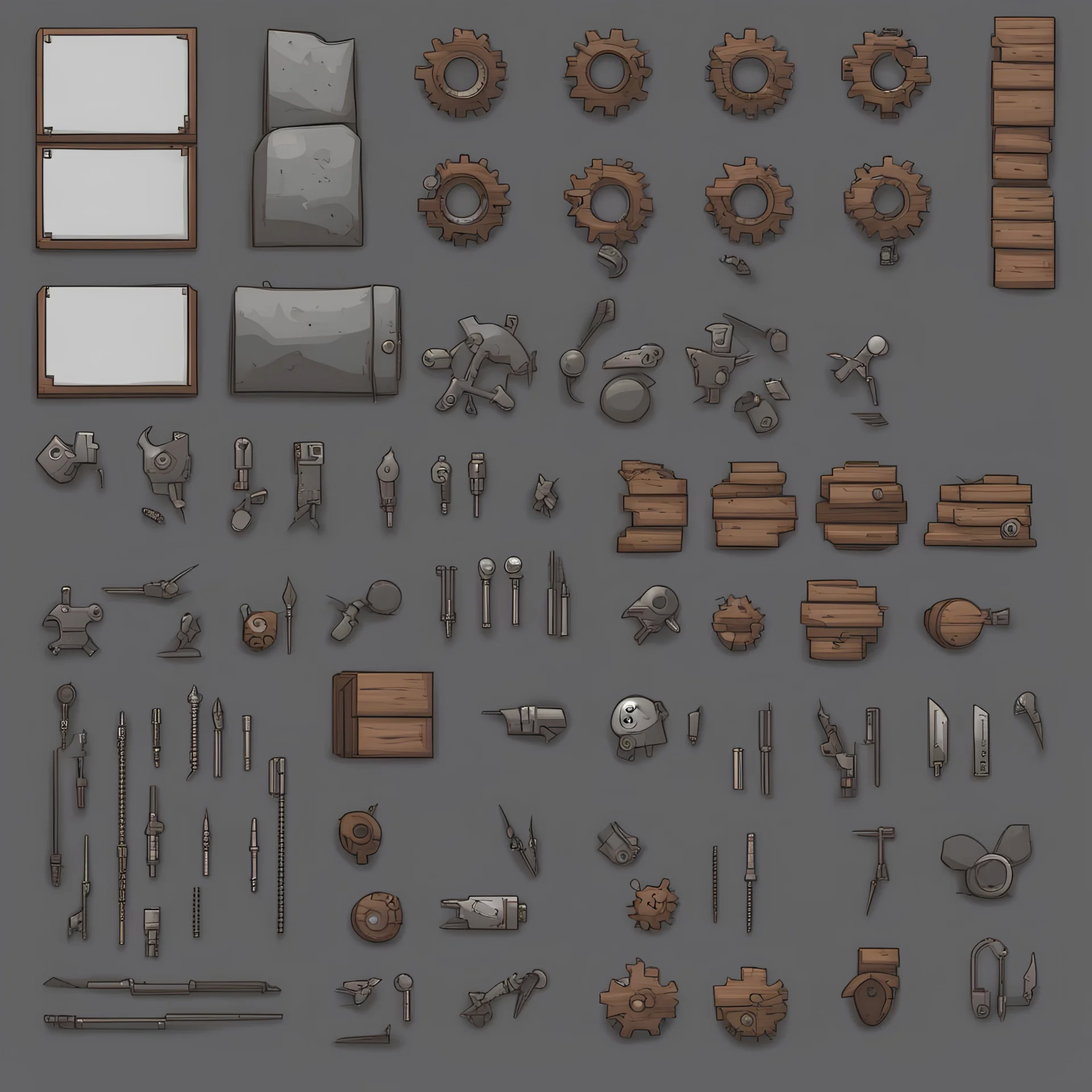 Sprite sheet, Wood, Nails, Metal scrap, cloth, electronics, gears, icons, survival game, gray background, comic book,