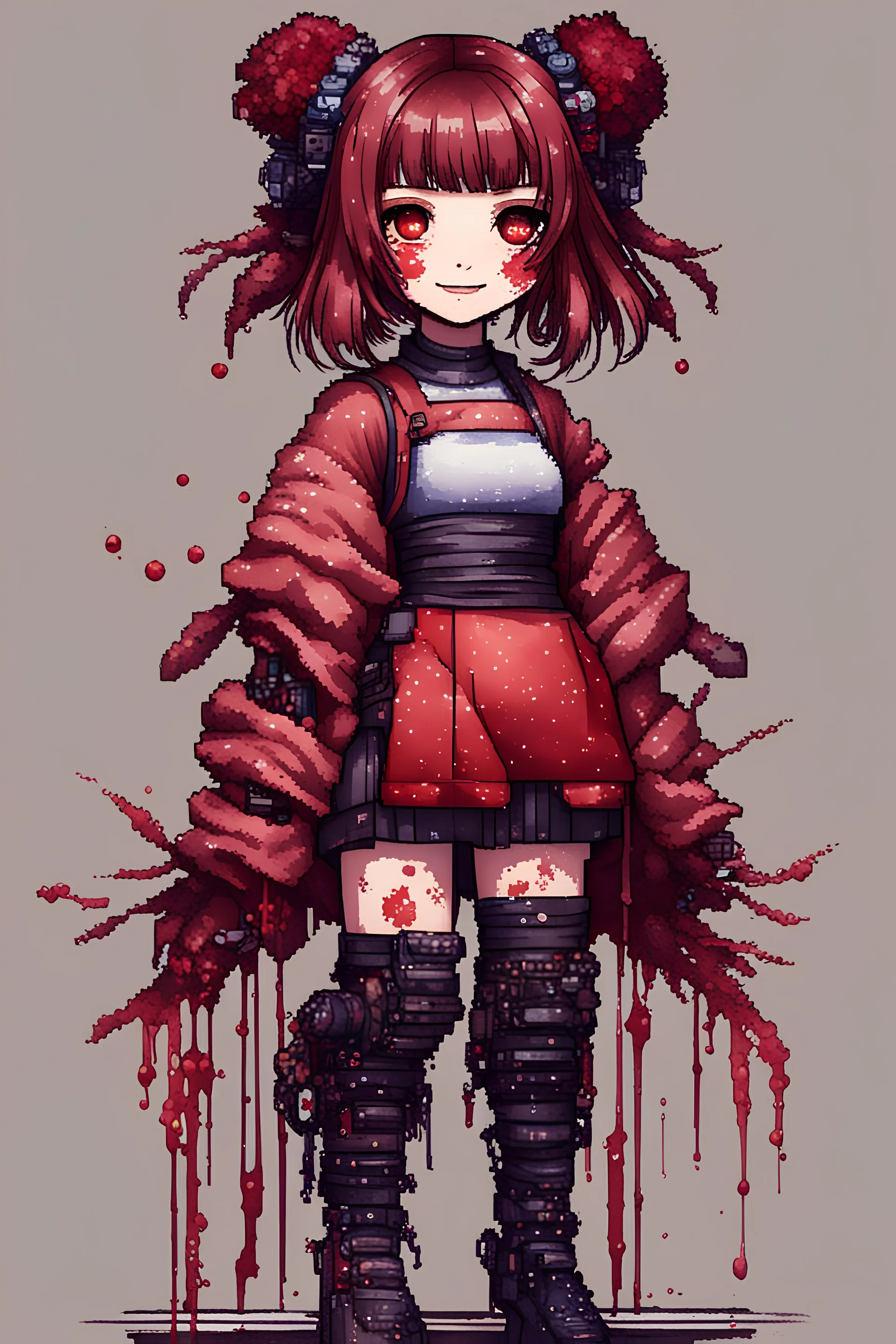 anormal, smile, blood, girl cute, full body, beautiful cyberpunk petit girl, hyperdetailed, behind made 8bits and Pixel Art, watercolor illustration by <Katsushika Hokusai>, darkred tones,