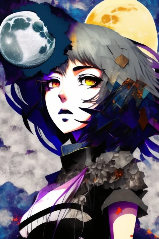 Explosive abstract collage style image of a beautiful anime girl, beautiful hair and features, dramatic, pieces of cloth material, textured moon in background, bob wire, gothic surroundings, textures