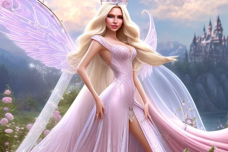 castle in background, beautiful, soft, big smiling, straight and long blonde hair, dewy and shiny atmosphere, diamond crown, long fairy wings in the back, full head, pink veil clothes