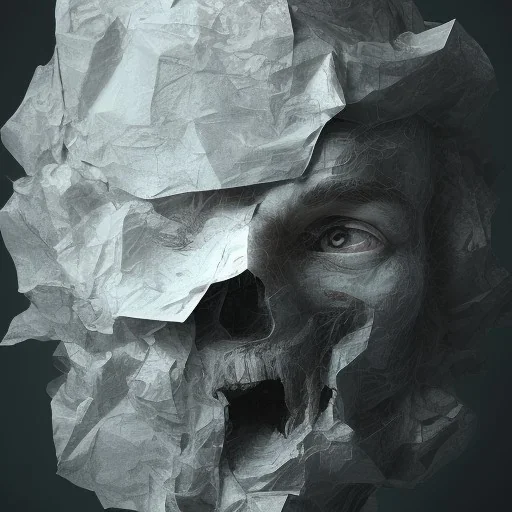 rendered in blender trash bag on his head and crumpled paper as a texture, collage paper and tape, slit - scan photography, high resolution, cinematic, unreal 6, breathtaking detailed