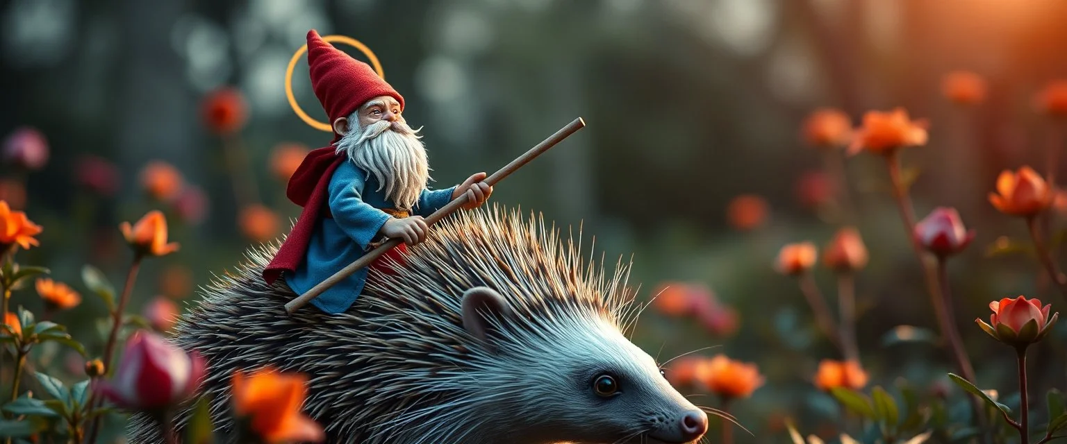 depth of field, halo, close up on blue and red clothed gnome riding hedgehog opossum with lance in garden of eden in the style of Escher and Giger