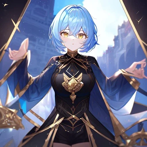 Clear focus, High resolution, short light blue fluffy hair, hair between eyes, yellow eyes, wearing black magma shorts, detailed outfit, blue and black outfit, gold accessory, female